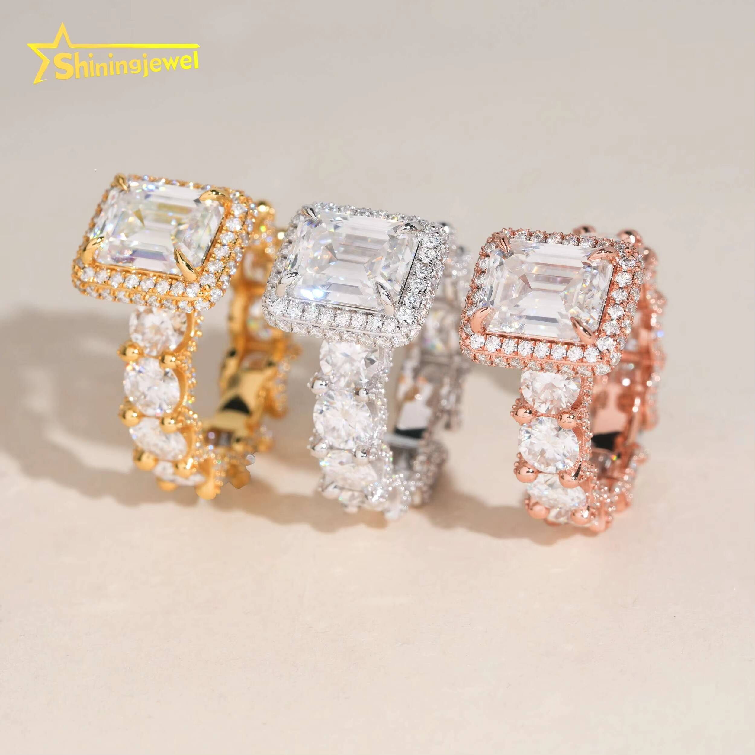 Luxury New Arrival Ring Emerald Cut Diamond Fully Iced Out Women Ring VVS Moissanite Hop Jewelry 925 Sliver Wedding Rings