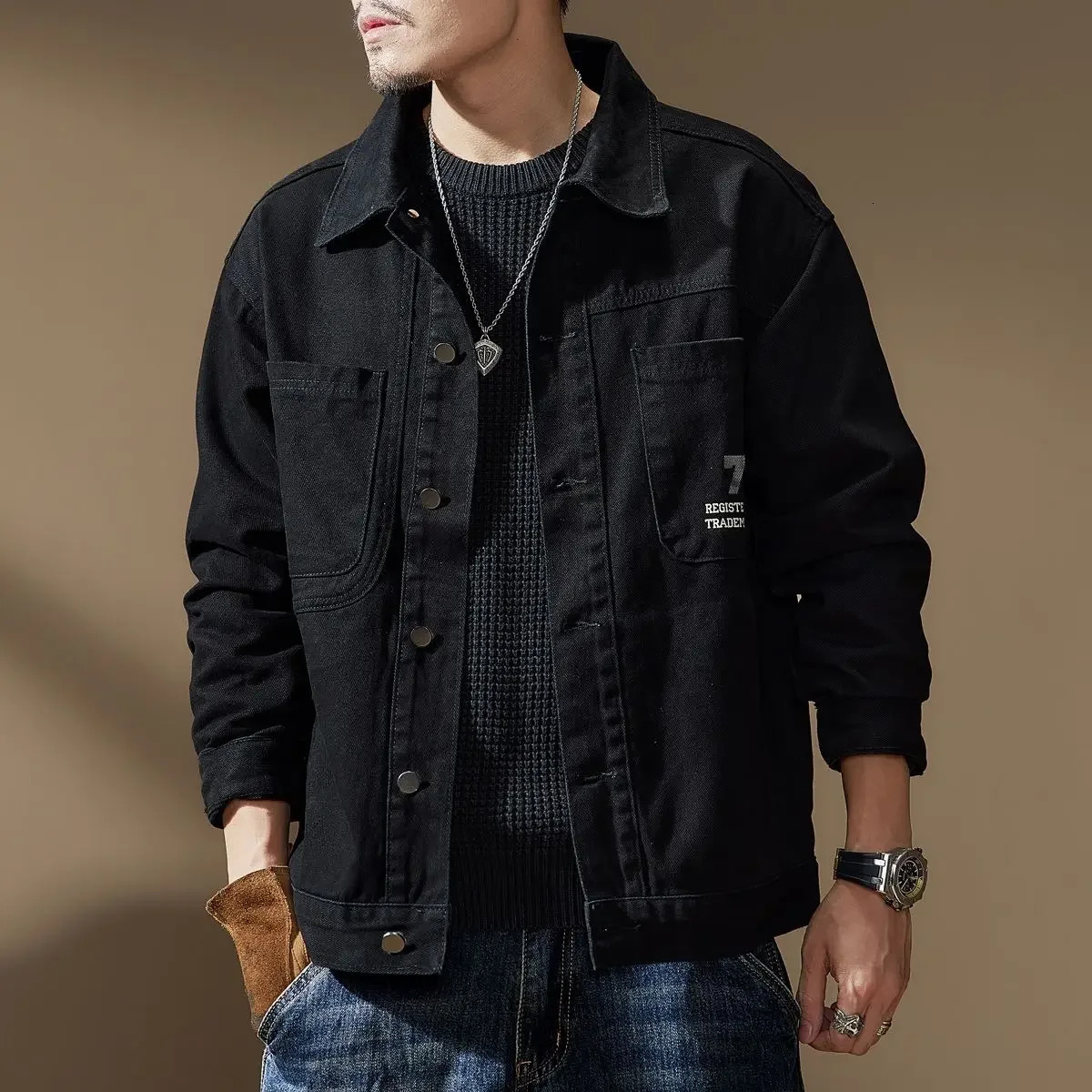 Cargo Plus Size Mens Denim Jacket Autumn Wide Sleeves with Print Male Jean Coats er Japanese Retro Low Price of Fabric L 251014