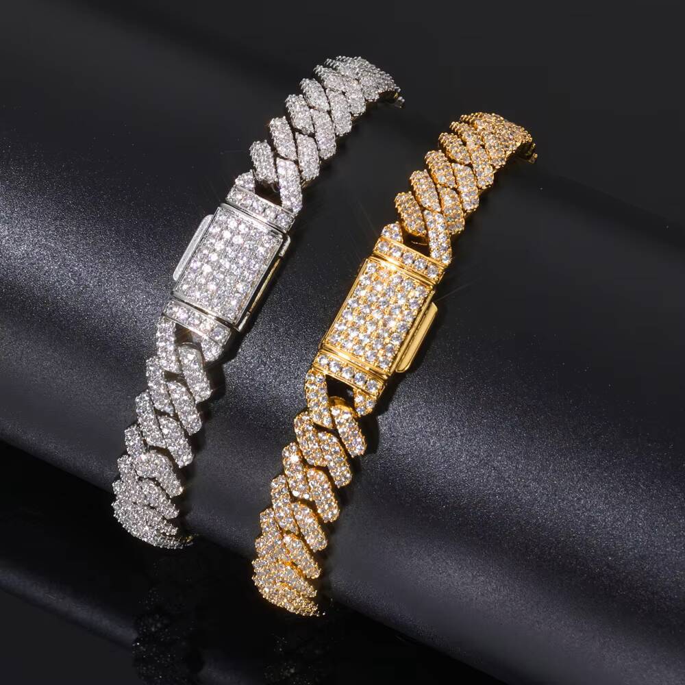 NUOYA Hip Hop Fine Jewelry 8mm Flip Button Diamond Double Row Diamond Bracelet Gold Plated Iced Out CZ Cuban Link Chain