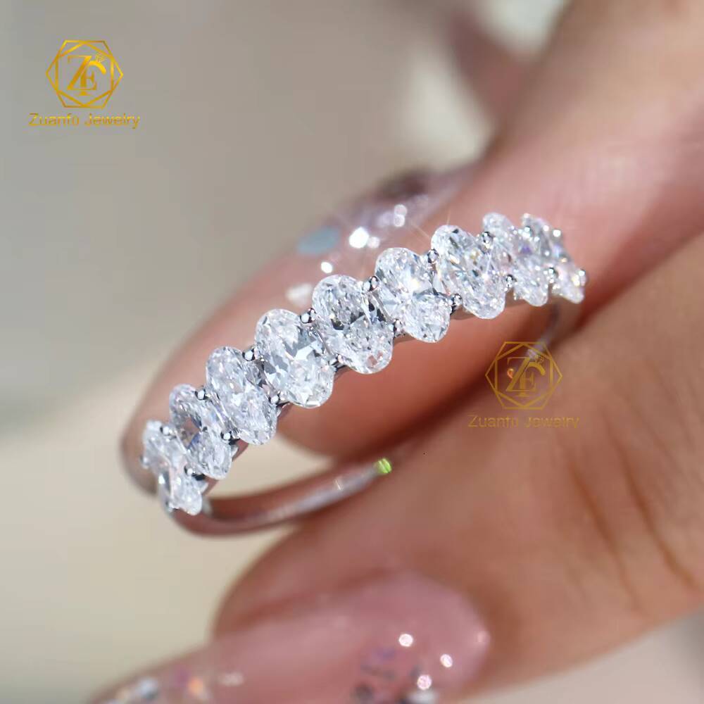 Romantic Style 14K Solid Gold Wedding Band New Trendy 3x5mm Oval Cut Moissanite Half Eternity Finger Ring for Women