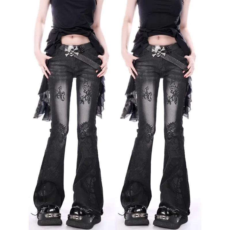Flared Jeans Pants for Woman Baggy Y2k Womens Denim Shoujo Girl Style Coquette Big Size Spring Clothes Jean 251014