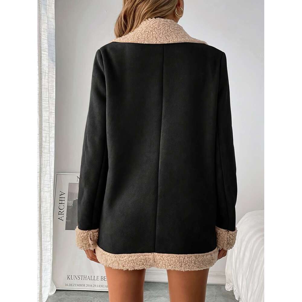 Elegant Women's Fleece-Lined Polyester Blazer, Solid Color, Long Sleeve, Woven Fabric, For All-Season Jacket