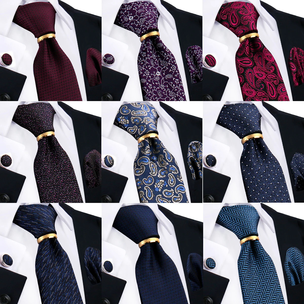 Necktie Ring For Men Tie Handkerchief Cufflinks With Gold Metal Ring Suit Paisley Red Tie For Wedding 8cm Man Accessories 251014