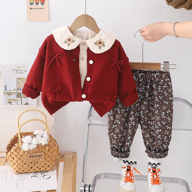 Girls' Spring Set Spring and Autumn New Knitted Bow Sweater Long Sleeve Casual Three piece Set for Small and Medium sized Children Trendy free sh
