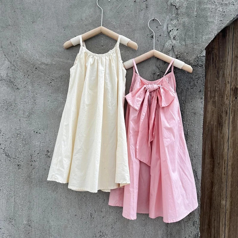 Fashion Baby Girl Princess Cotton Strap Dress Bow Infant Toddler Child Suspender Vestido Solid Color Summer Baby Clothes 110Y 251014