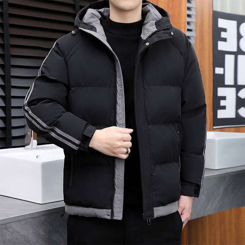 Winter Men's Down Cotton Handsome Thickened Casual Windproof Hooded Padded Coat Color Matching Cold Proof Wadded Jacket