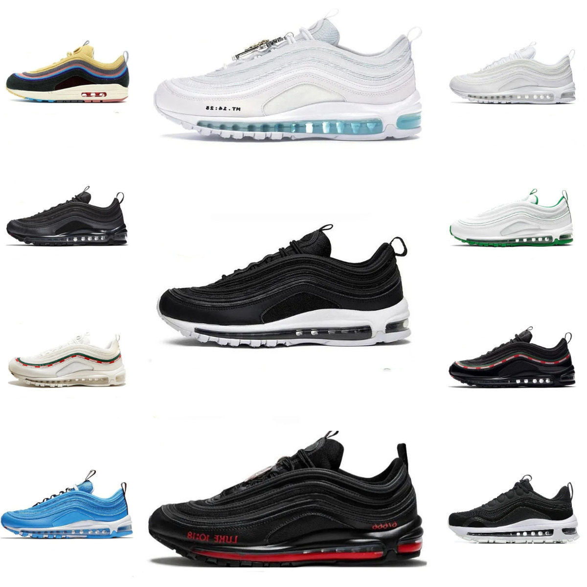 97 97s Sports Shoes Men Women MSCHFs X INRI Jesus Satan Futura Crucifix Jogging Trainer Shoe Triple Black White Silver Bullet Designers Olive Volt Aurora Sneakers S8