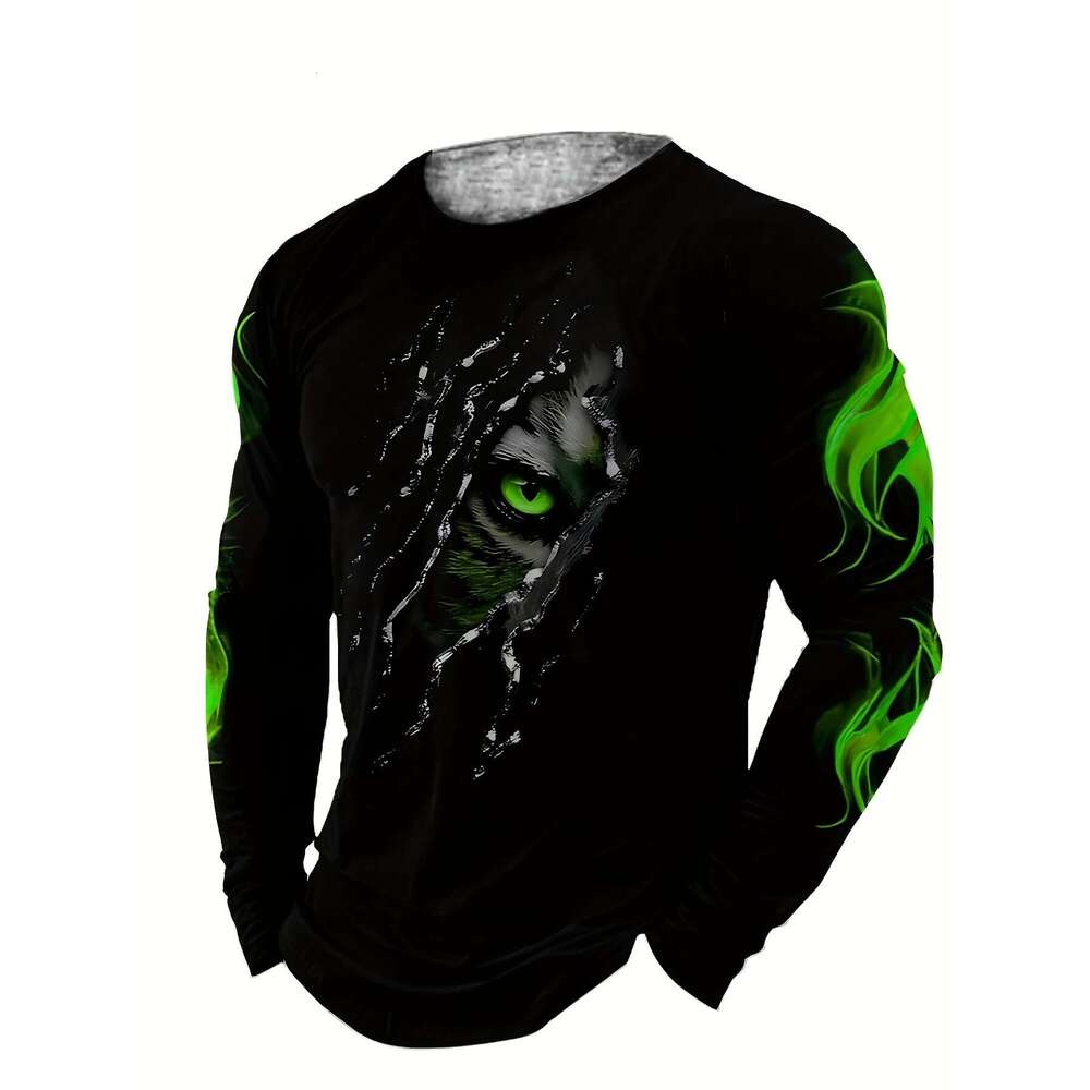 Men's Casual Long Sleeve Crew Neck T-Shirt Green Eye And Flame Design, Slim Fit Polyester Knit With Slight Stretch, Animal Pattern Graphic Tee