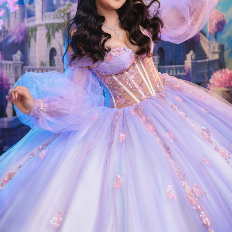 Light Lavender Shiny Quinceanera Dresses Off The Shoulder Applique Lace Beads Tull Puff Sleeve Party Birthday Sweet 16 Dres Vestidos 15 De Anos