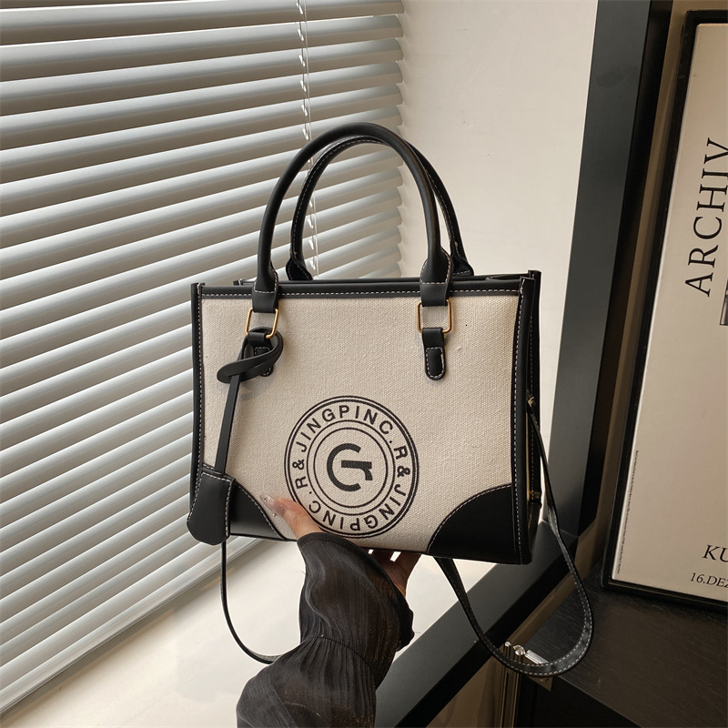 Luxury Brand Designer Bag Large Capacity Printed Letter 2025 New Fashion Single Shoulder Canvas Patchwork Color Block Handheld Tote Bag
