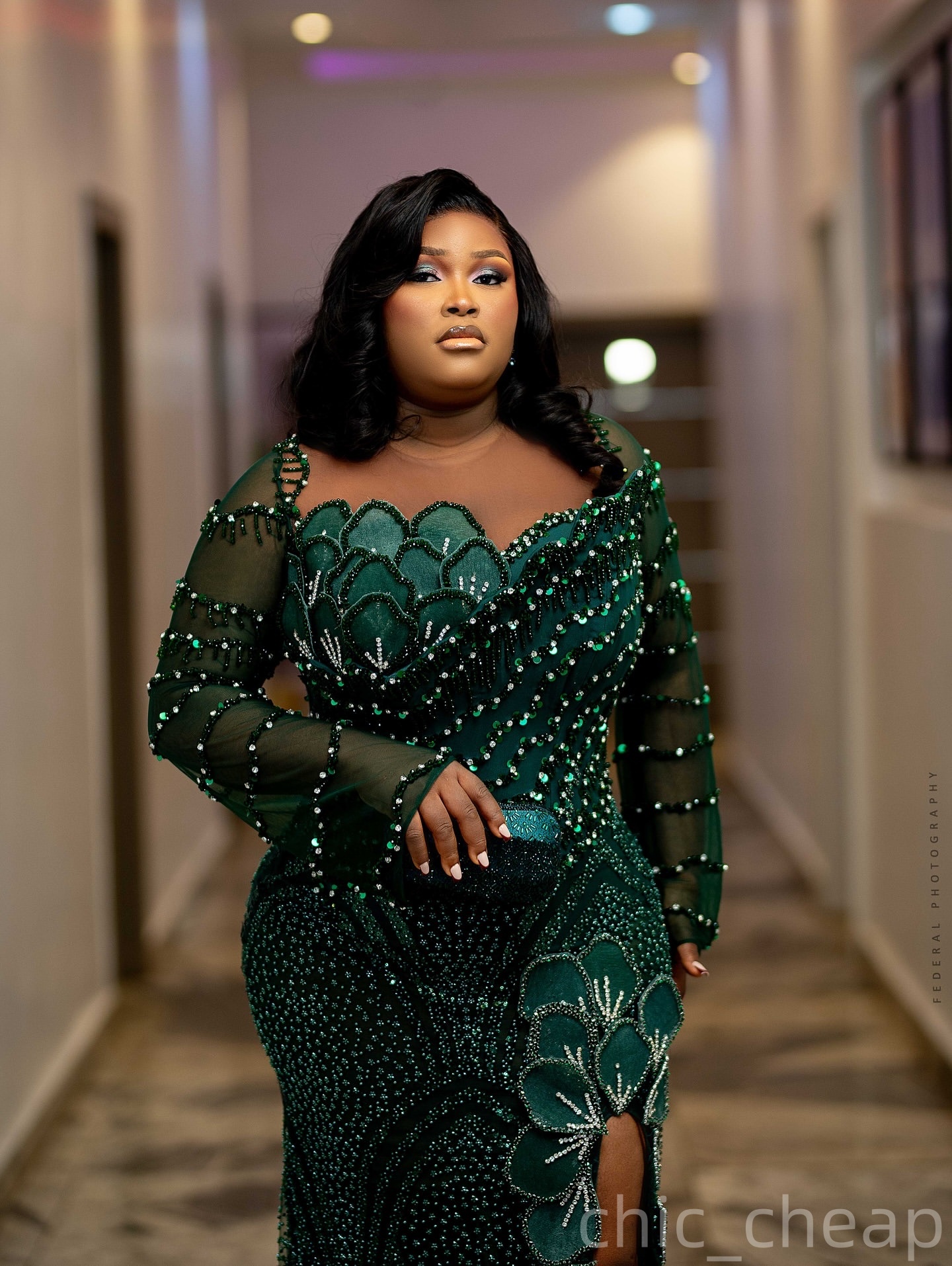 Sheath Dark Green Prom Dresses 2025 Florals Crystals Full Sleeves Evening Formal Party Second Birthday Engagement Gowns Plus Size Dress For Special Oc