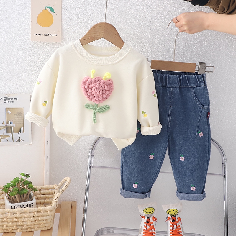 Girls' set 2025 Spring and Autumn new Korean version fashionable flower round neck long sleeved two-piece set free shipping designer