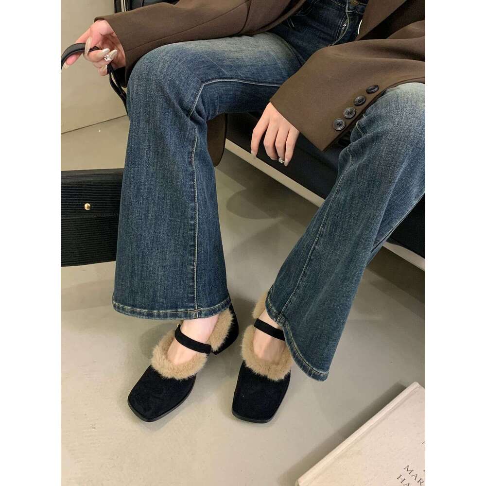 Chunky Heel French Style Furry for Women 2025 New Autumn Winter Designer Shoe Closed Toe Half Slippers with Fleece Lining