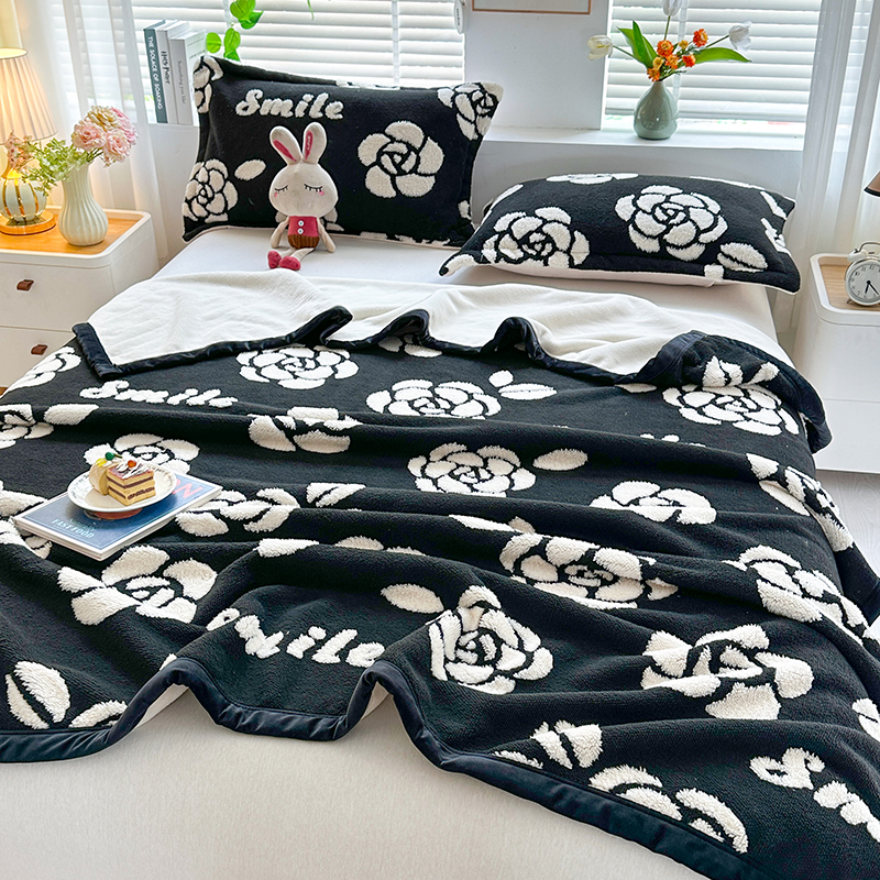 Luxury friendly soft throw black and white camellia pattern multifunctional sleeping blanket suitable & for office/bedroom/travel full-size