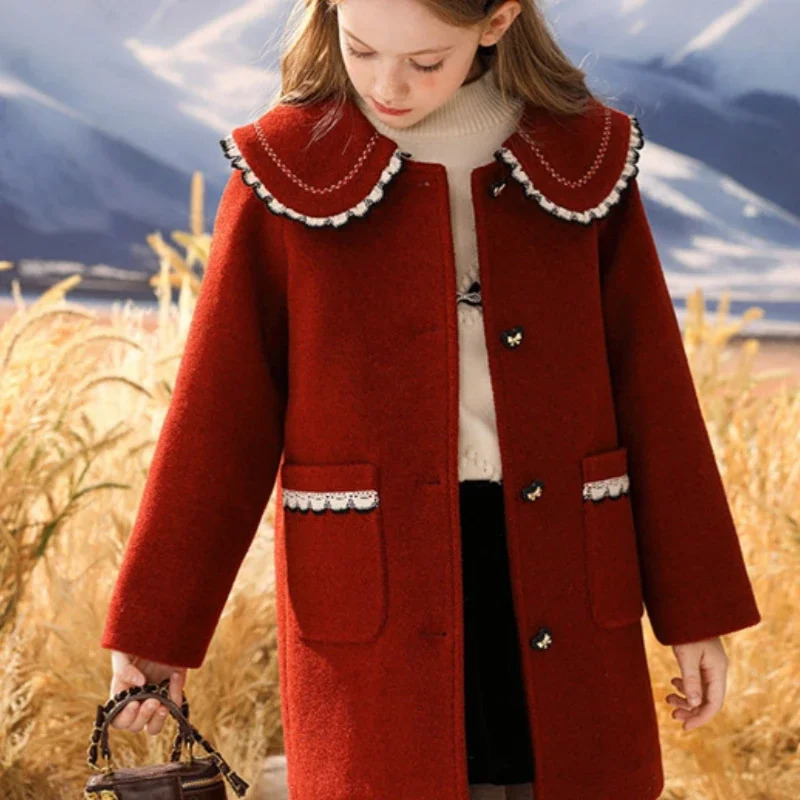 Girls Woolen Coat Jacket Windbreak Red Wine Warm Thicken Winter Cotton Overcoat Christmas Teenagers Childrens Clothing 251015