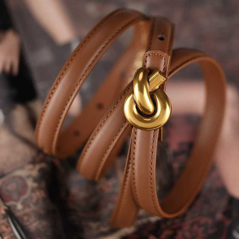 Premium Genuine Leather Womens Belt with Elegant Metal Knot Buckle Perfect for Dresses and Jeans W251018