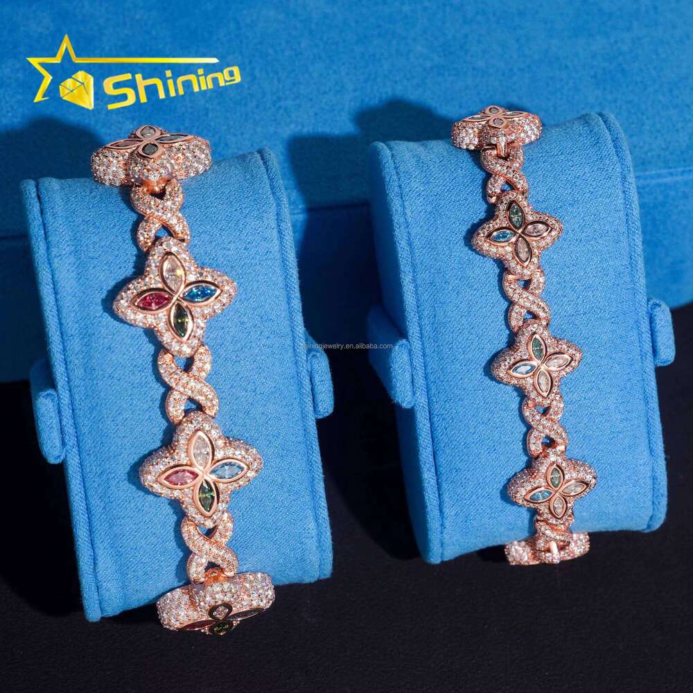 Unique Design Rapper Jewelry Hot Selling Hip Hop Mulit Color Moissanite Iced Out S Sier Cuban Clover Bracelet Men