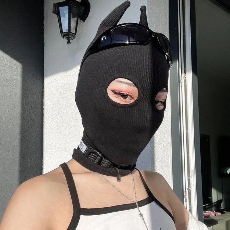 Knitted Full Face Cover Balaclava Sports Beanie Mask for Men Women Ox Horn Mask Hat Street Hip Hop Personality Tactical Beanies 251014