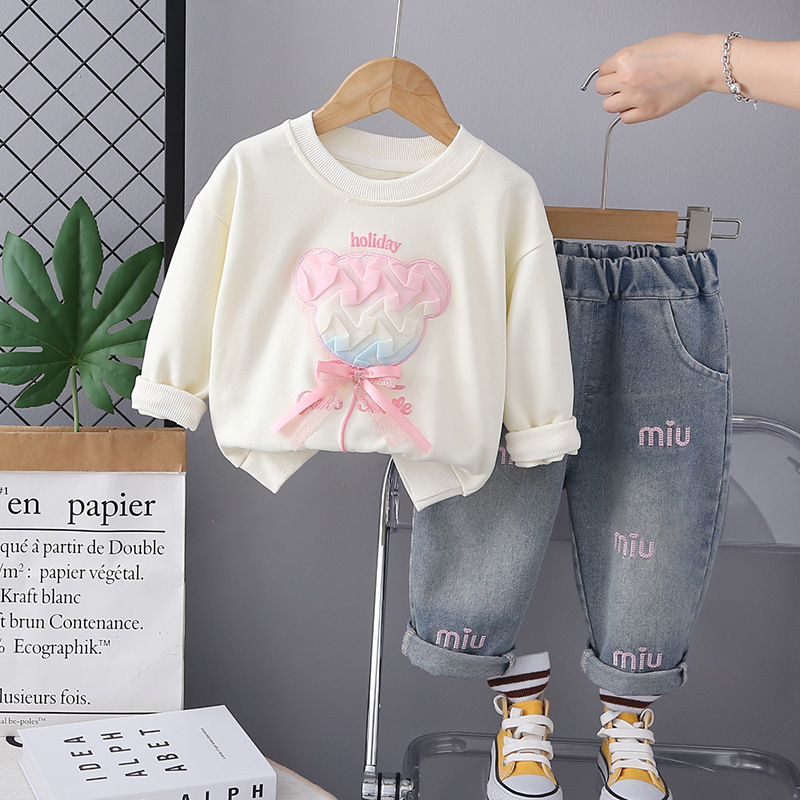 Girls' Autumn Dress Set 2025 New Western Style Baby Girl Spring and Autumn Sweet Bear Two Piece Set Children's Health Clothes