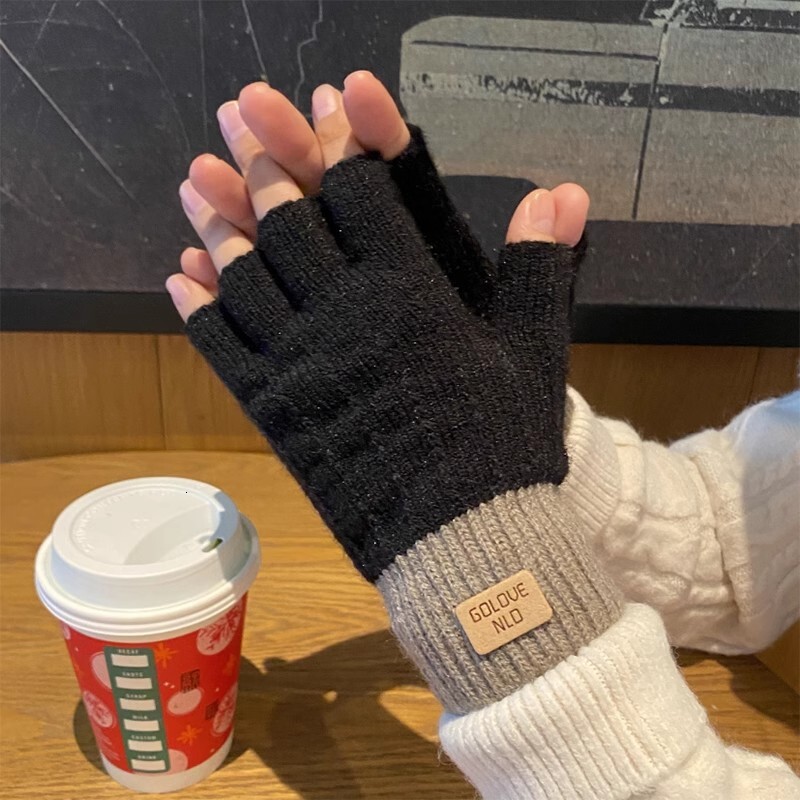 Winter Student Half-Finger Knitted Wool Fleece Touchscreen Writing Cycling Anti-Slip Fingerless Warm Gloves