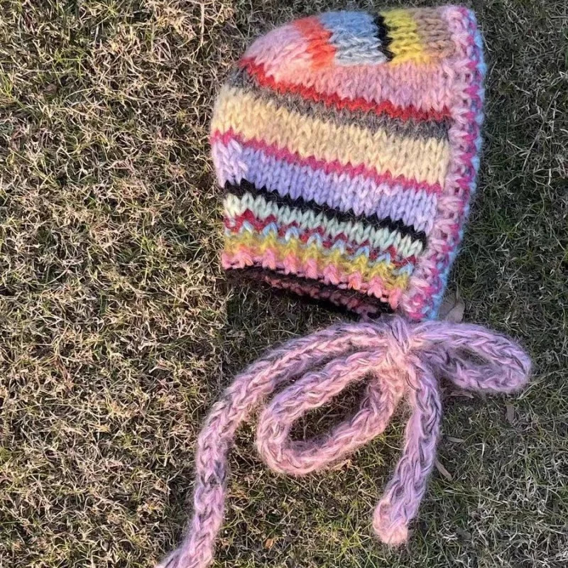 Color Striped Ear Protector Balaclava Hat Winter Hand Crocheted Contrast Color Neck Tie Pullover Beanies Cap for Women 251014