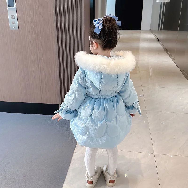 Frozen Elsa Girls Downcoat Winter Kid Clothes Fur Collar Hooded Padded Cotton Thicked down Jacket Children Princess Costume 251017