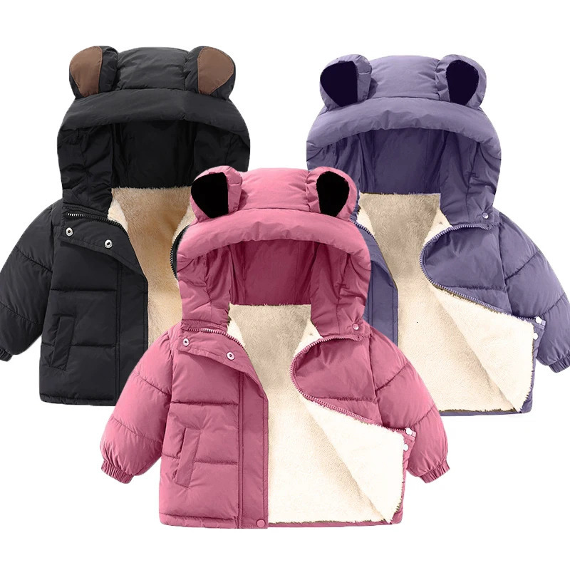 Winter Girls Jacket Solid Color Lamb Wool Lining Thick Warm Hooded Coat For 28 Years Boys Cotton Down Zipper Outwear 251017