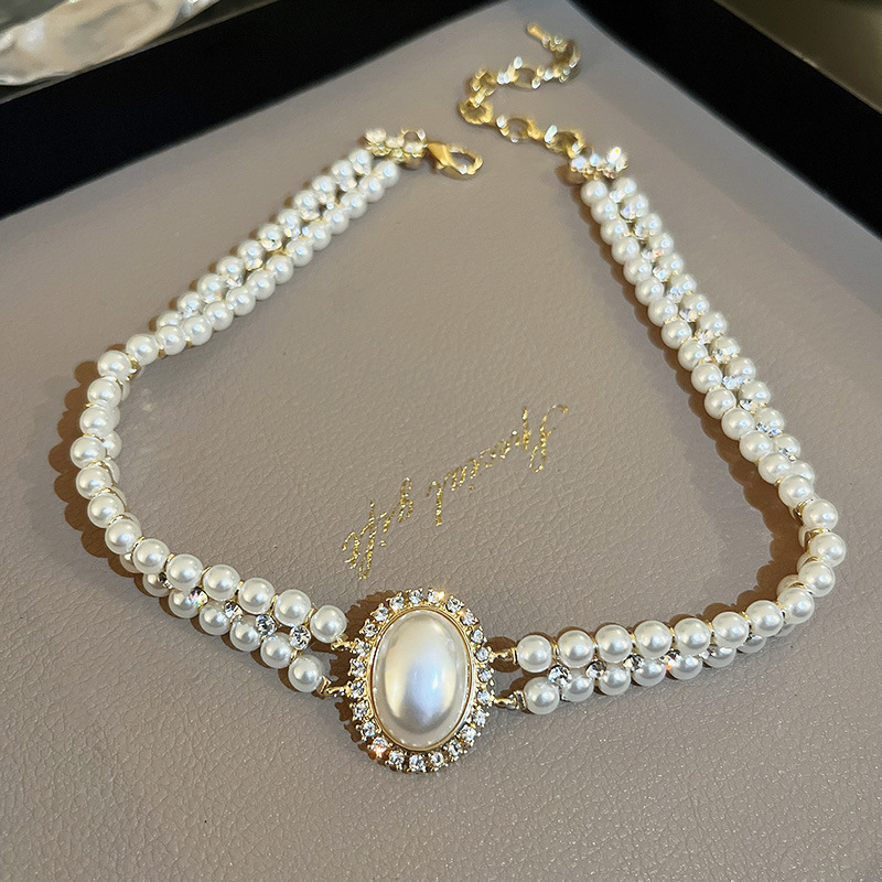 Baroque Oval Pearl Inlaid Dia Double Layer Fashionable Elegant Choker Forest Style Exaggerated Versatile Women's Necklace