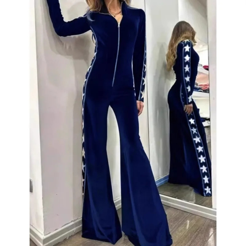 Fashion Patchwork Long Pants Romper Womens Autumn Highneck Zipper Longsleeved Microtrumpet Romper Elegant Jumpsuits 251016