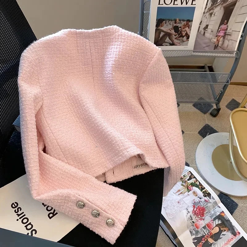Pink Korean Tweed Cropped Jackets Tops Women Sweet Oneck Long Sleeve Short Abrigos Vintage Single Breasted Coats Blusas 251009
