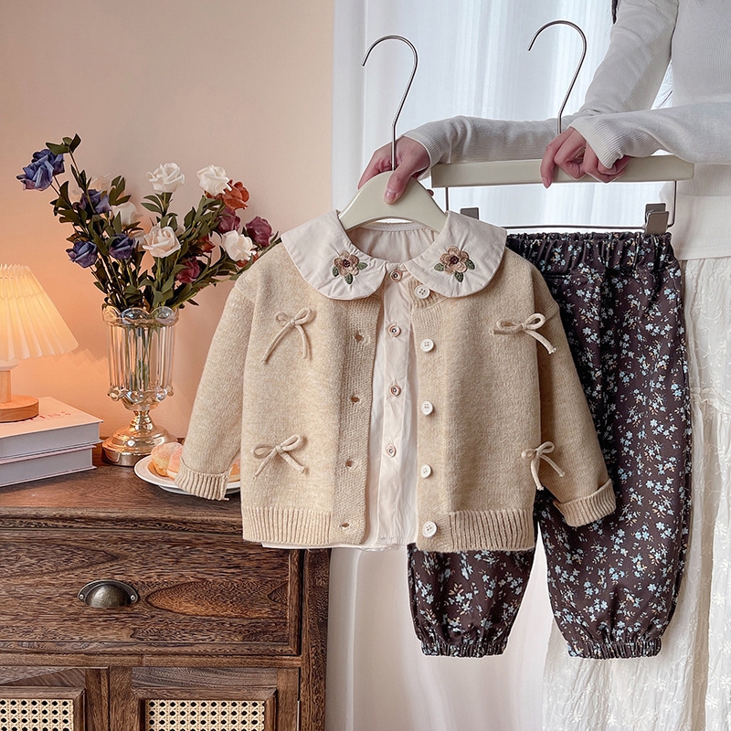 Girls' Spring Set Spring and Autumn New Knitted Bow Sweater Long Sleeve Casual Three piece Set for Small and Medium sized Children Trendy free sh