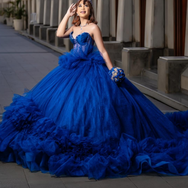 Royal Blue Shiny Quinceanera Dresses Off The Shoulder Beading Crystal Tiered Tull Party Birthday Sweet 16 Dres Vestidos 15 De Anos