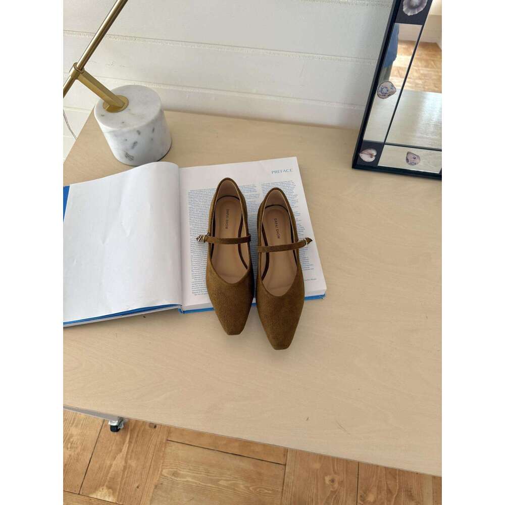 Wanwanfeng Suede Square Toe Single 2025 Designer Shoe Autumn New Style One-Strap Shallow Mouth Small Wedge Mid-Heel Mary Jane Shoes for Women