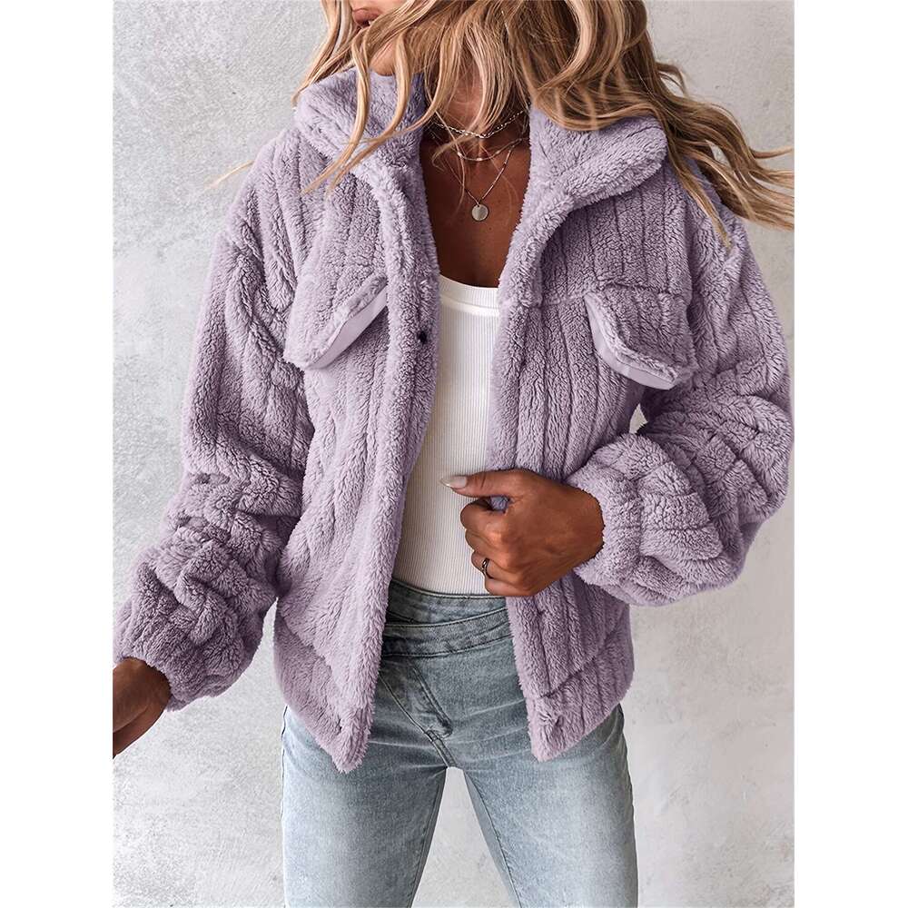 Pink Jacket Soft Pink Women's Plush Casual Jacket Hine Washable Stand-Up Collar Button Front Winter Coat | Fall/Winter Outerwear For Everyday Com