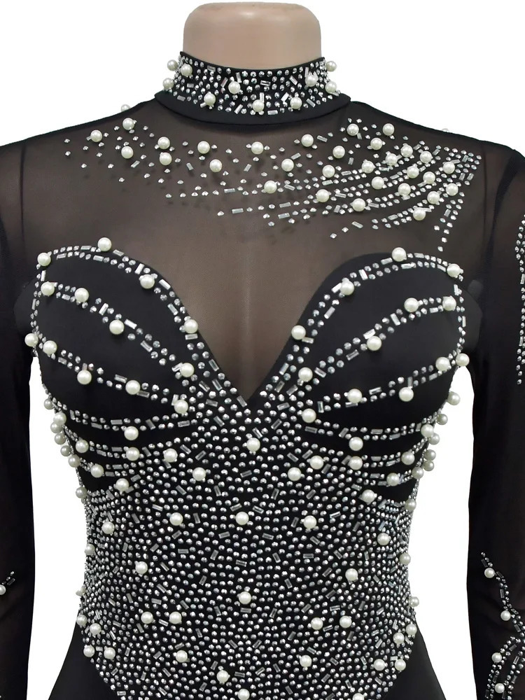 Beyprern Womens Sheer Mesh Crystal Jumpsuits One Piece Outfits Glam Fitted Long Sleeve Pearls Rhinestone Rompers Club Overalls 251016
