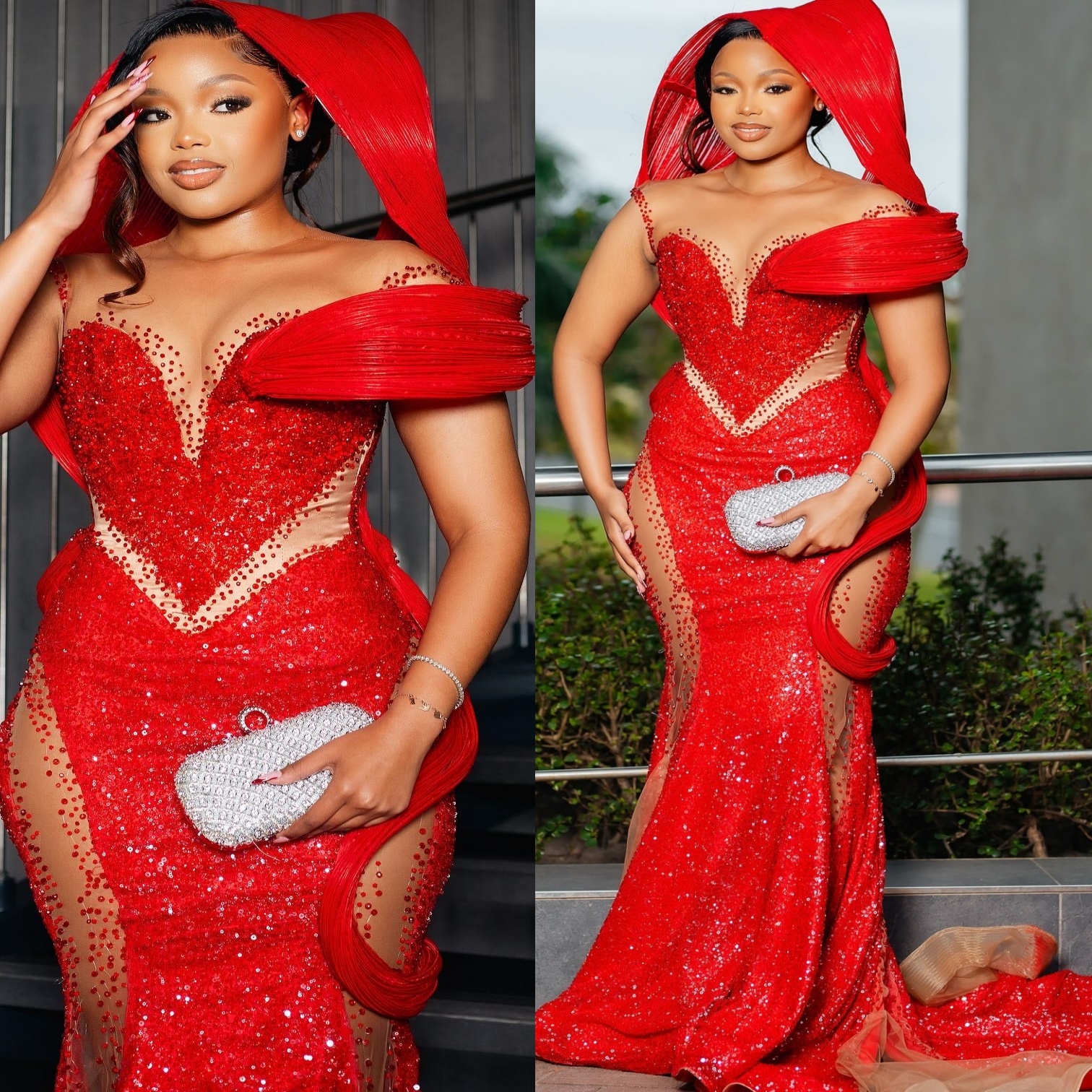 Red Mermaid Prom Dresses 2025 Crystals Illusion Stylish Sequined Evening Formal Party Second Birthday Engagement Gowns Plus Size Dress For Special Occ