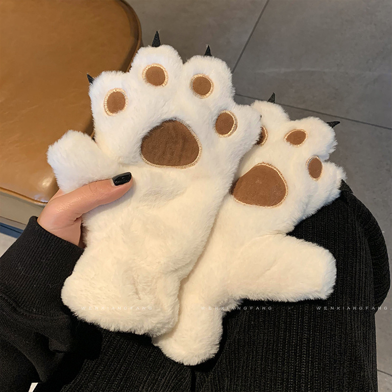 Cartoon Cute Bear Cat Paw Plush Gloves for Women, Neck Hanging, Girls, Students, Fleece Lined, Thickened, Cold-Proof, Winter, Riding, Trendy