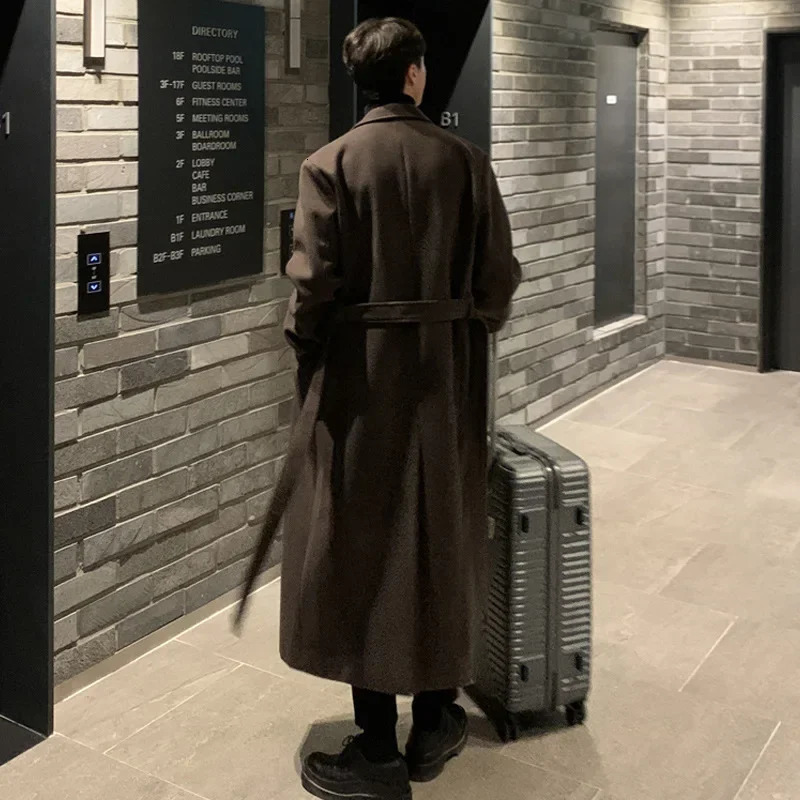 Mens Autumn and Winter Fashion Long Wool Woollen Coat Korean Version of Solid Color Loose Casual Tweed Trench with Belt 251017