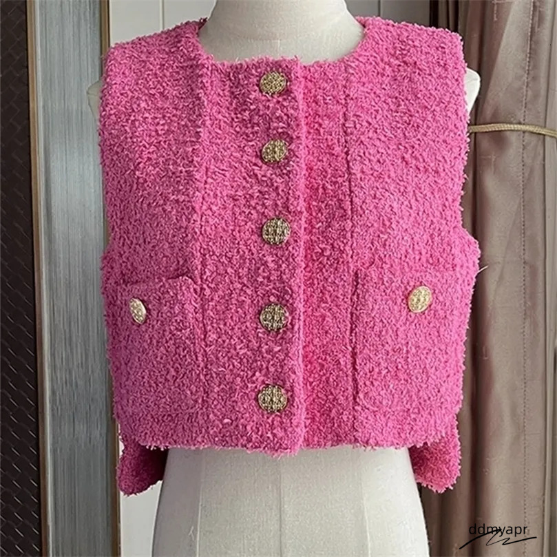 Tweed Vest Womens: Elegant O-Neck Sleeveless Wool Jacket, Korean Style ddmyApr Jacket. Lightweight Pink And White Coat For Women