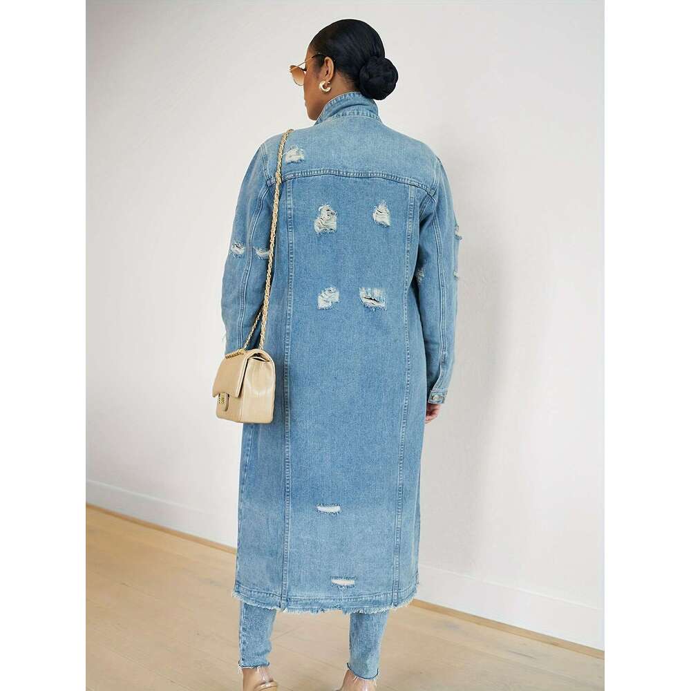 VOCKOO Women's Casual Faux Denim Trench Coat, Sleeve, Solid Color, Non-Stretch, Long Length, With Washed Detail, For Fall/Winter Collection