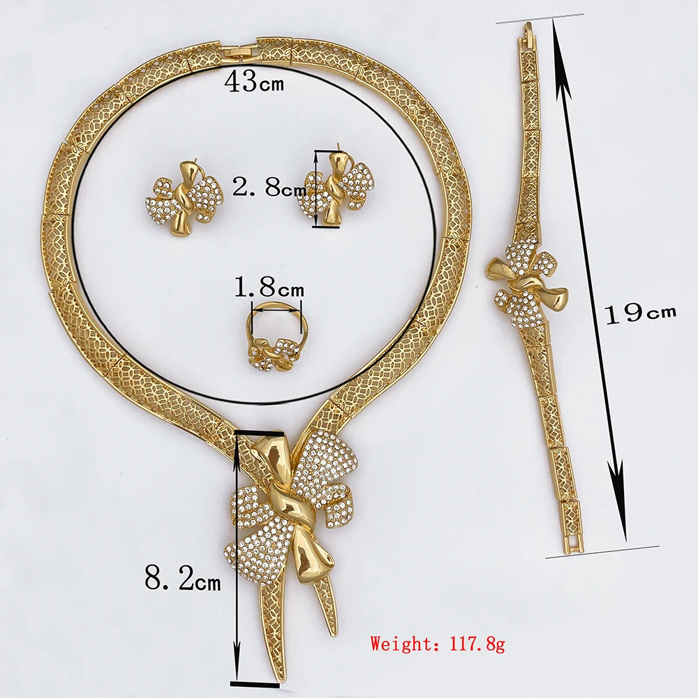 Italy 18k Gold Plated Women Jewelry Set Classic Bowknot Necklace Earring Bracelet And Ring 4PCS Set Jewelry Wedding Party 251016