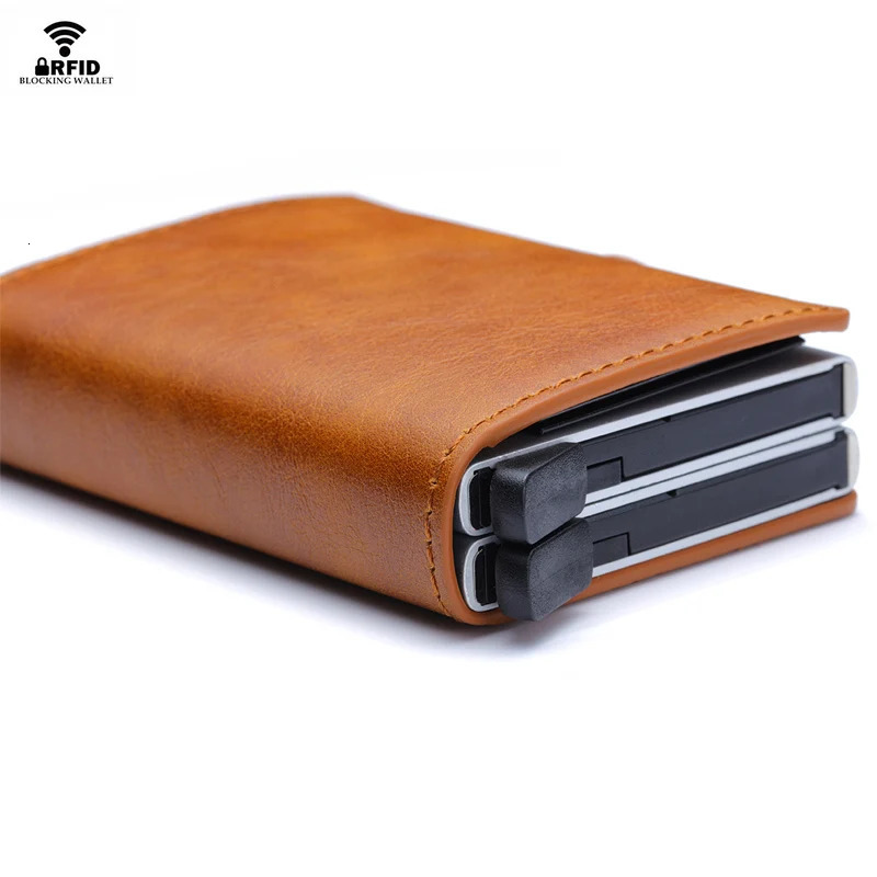 VM FASHION KISS Carbon Fiber High Quality Wallet Pu Leather RFID Security Double Aluminum Box Credit Card Holder Men Metal Purse 251013