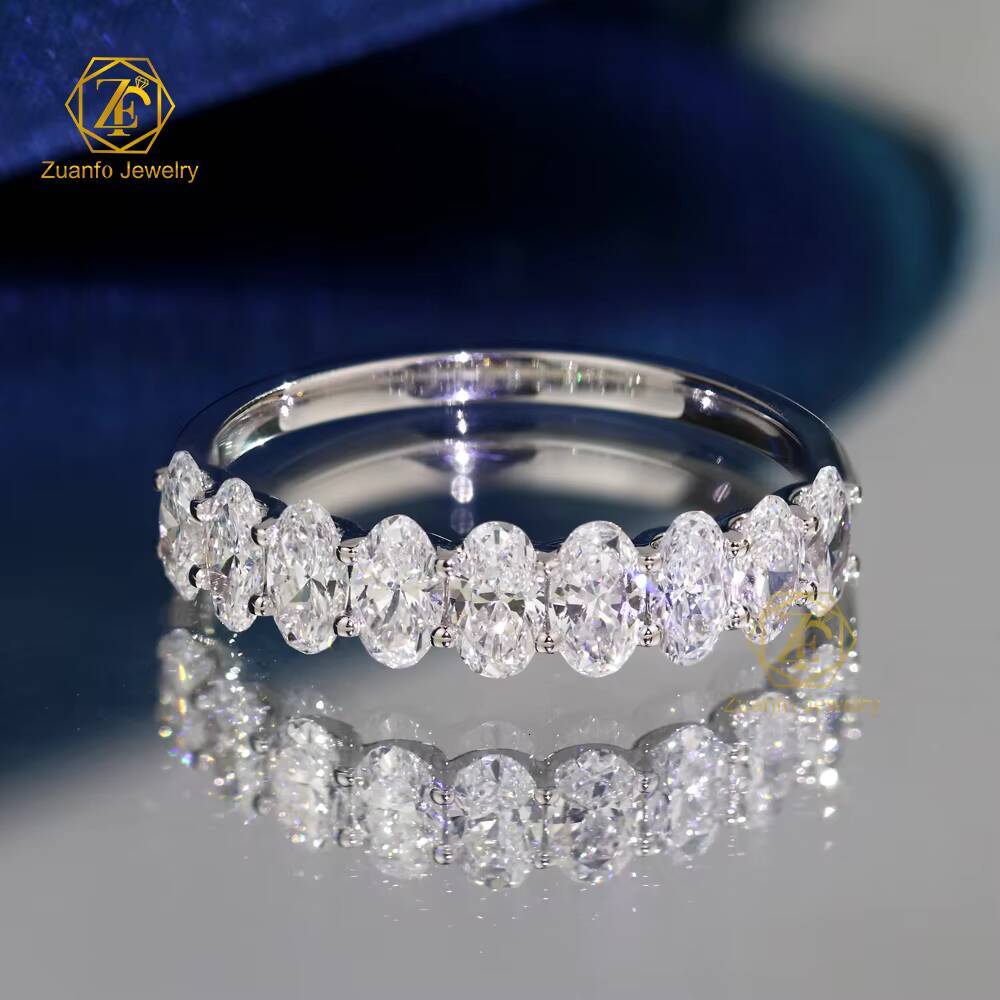 Custom Luxury Fine Jewelry 14K Gold Wedding Band 3x5mm Oval Moissanite Half Eternity Finger Ring for Women