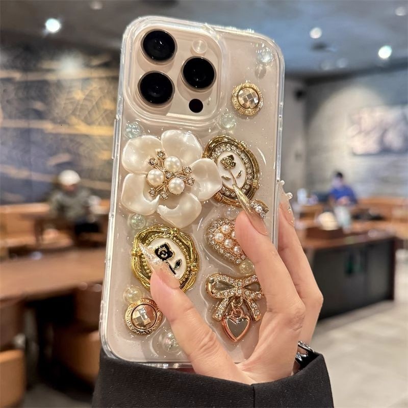 Compatible with iPhone 17 Pro Max Case 3D Camellia Flower Gem Case Bling Glitter Clear Case for Girls Women Cute Sparkly Shiny Crystal Girly Luxury Fa