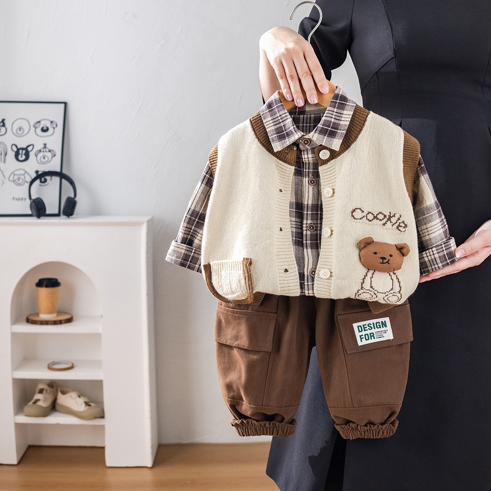 Baby Spring and Autumn Set 1-3 Year Old Boys' Bear Sweater 3-Piece Set Trendy Children's Korean Version Clothes Children's Clothing Tre