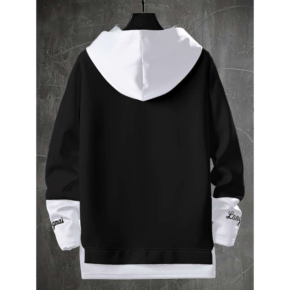 Men's Hooded Sweatshirt - Black White Block Pullover Hoodie With Drawstring, Loose Fit Streetwear Teens Adults, All-Season Casual For Everyday & 