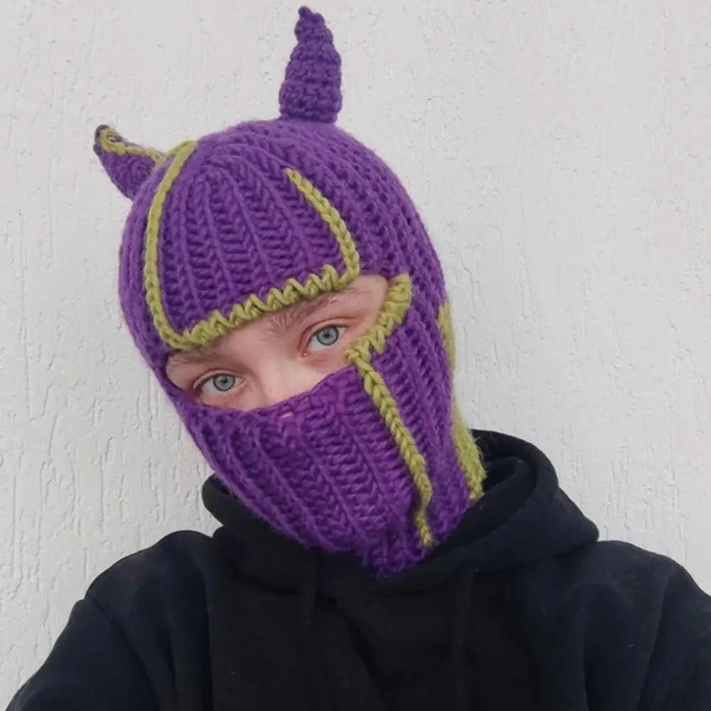 Y2K Horn Decor Balaclava Cap Horn Shape Halloween Beanies Rabbit Ears Knitted Outdoor Sport Ski Beanies Balaclava 251014