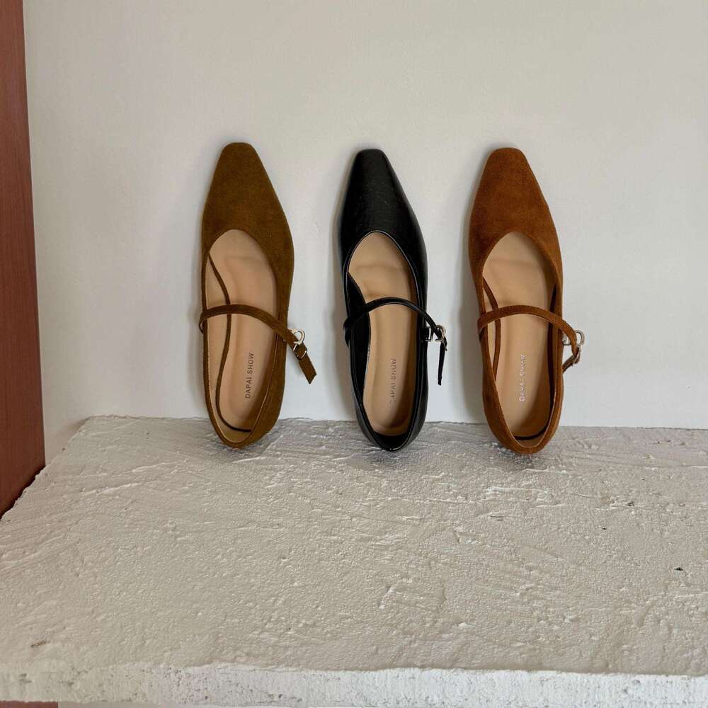 Wanwanfeng Suede Square Toe Single 2025 Designer Shoe Autumn New Style One-Strap Shallow Mouth Small Wedge Mid-Heel Mary Jane Shoes for Women