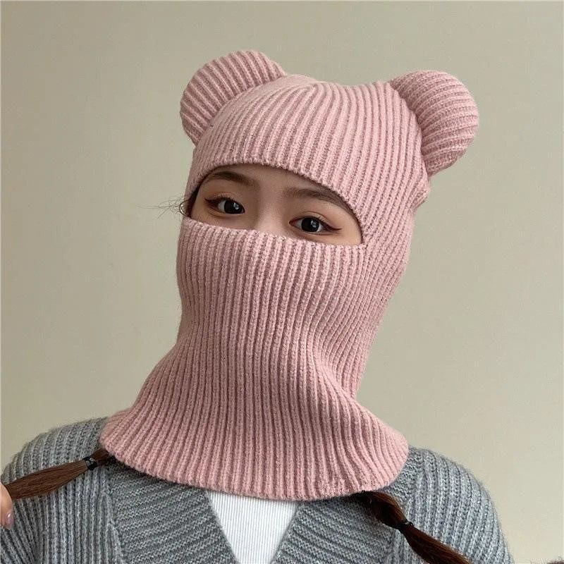 Womes Cute Full Face Cover Ski Mask Hat with Bear Ear Balaclava Knitted Hats Windproof Skullies Beanies Bonnet Winter Warm 251014