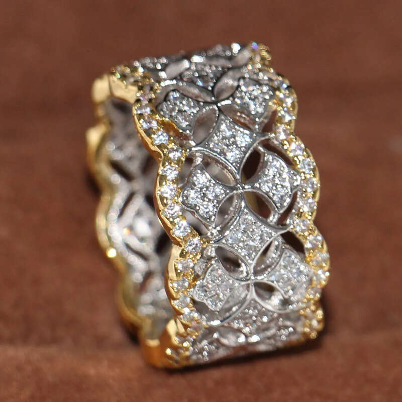 Size 5-11 Cool Cute Sparkling Jewelry Sterling Sier&Gold Filled Prismatic 5A CZ Diamoind Women Wedding Band Ring for Lovers'